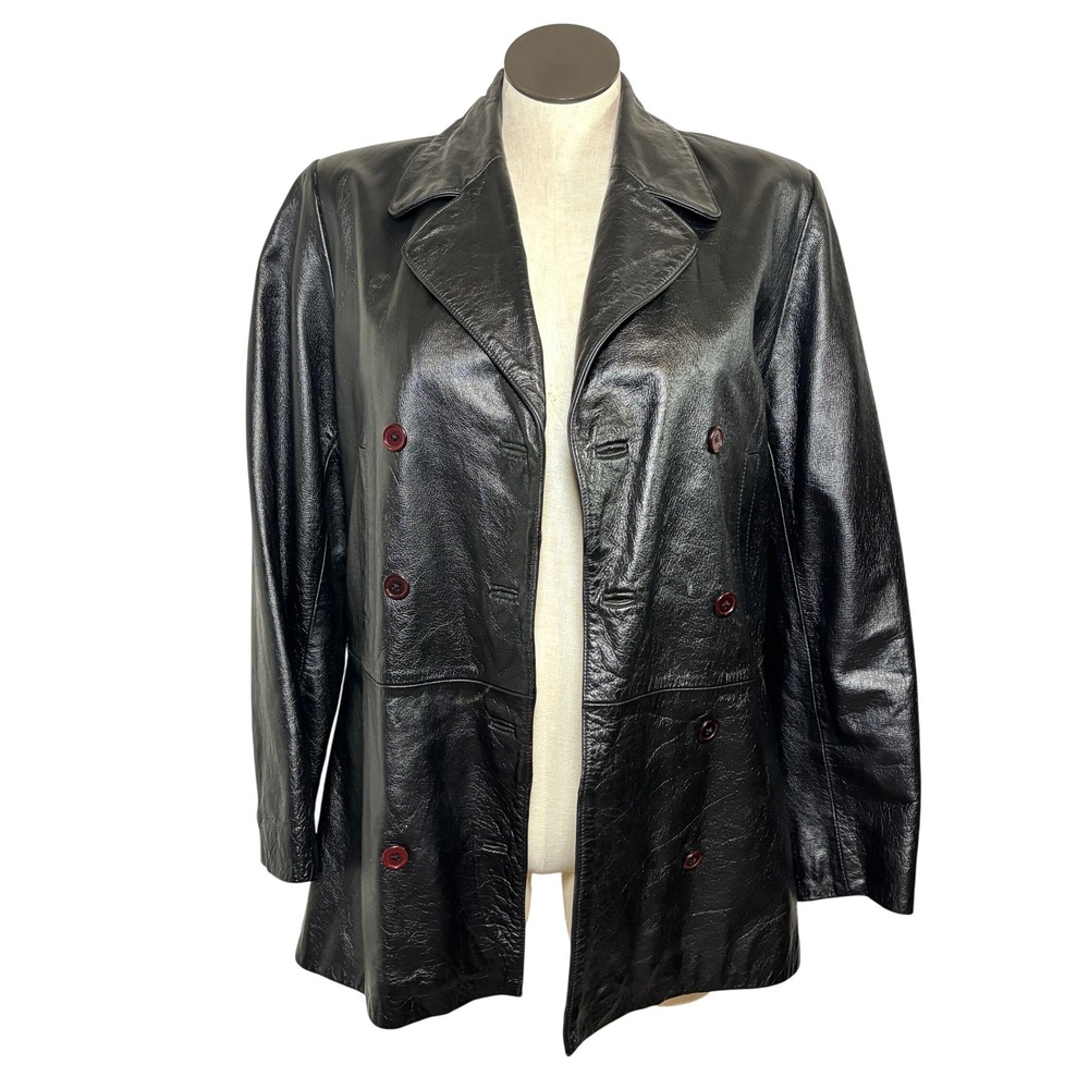 Moda Spiegel Mens Black Leather‎ Double Breasted Jacket Vintage Size 10 Coat